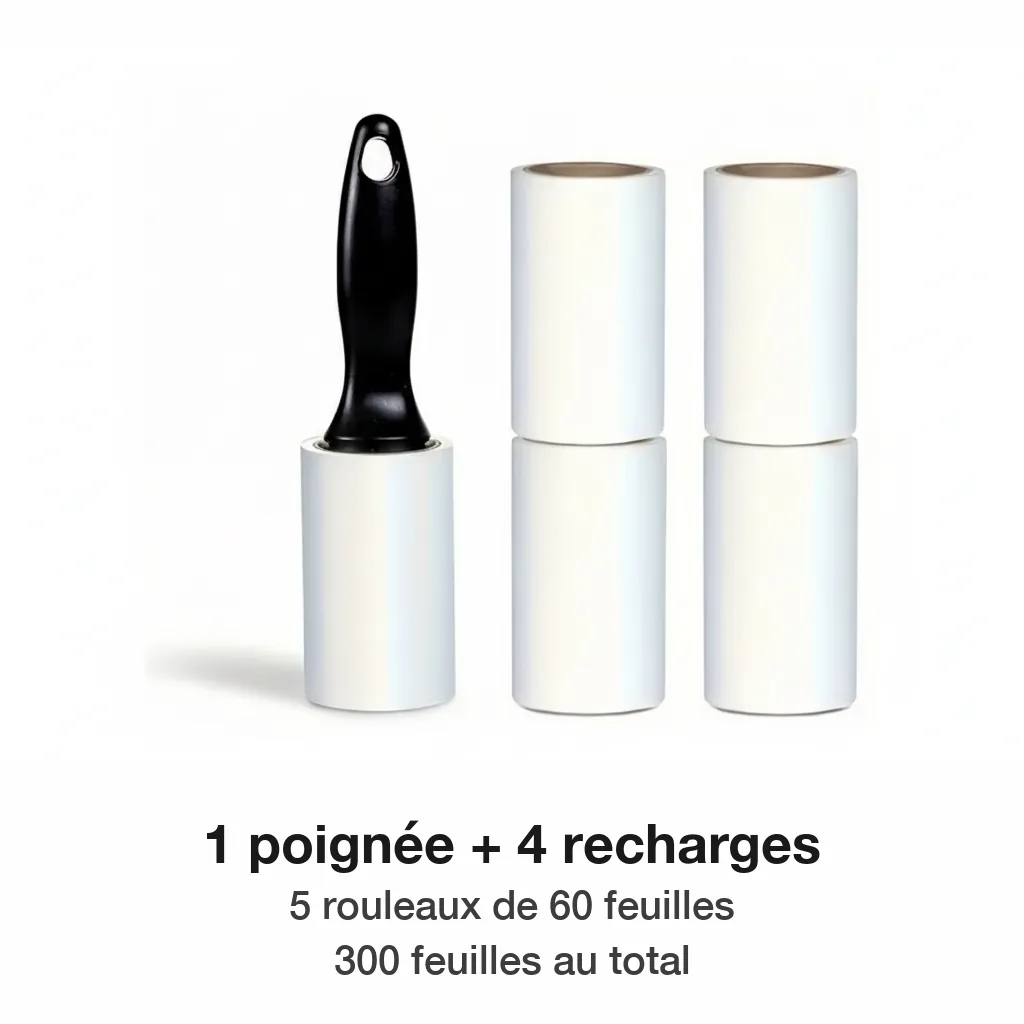 Rouleau adhésif anti-poils : 1 poignée et 4 recharges, soit 5 rouleaux de 60 feuilles, 300 feuilles au total