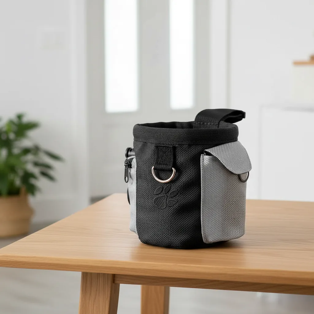 Sac banane de dressage noir à flancs gris, avec anneau métallique et patte brodée, posé sur une table