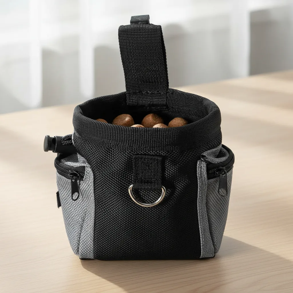 Ouverture du sac banane de dressage montrant des friandises, avec sa languette et son anneau