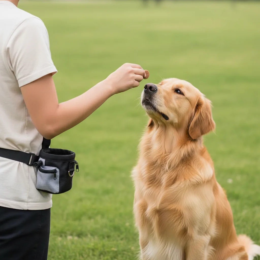 Personne qui donne une friandise à un golden retriever, sac banane de dressage porté à la taille