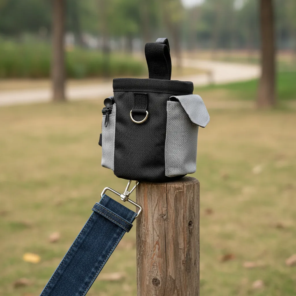 Sac banane de dressage noir à flancs gris accroché à un piquet en bois dans un parc