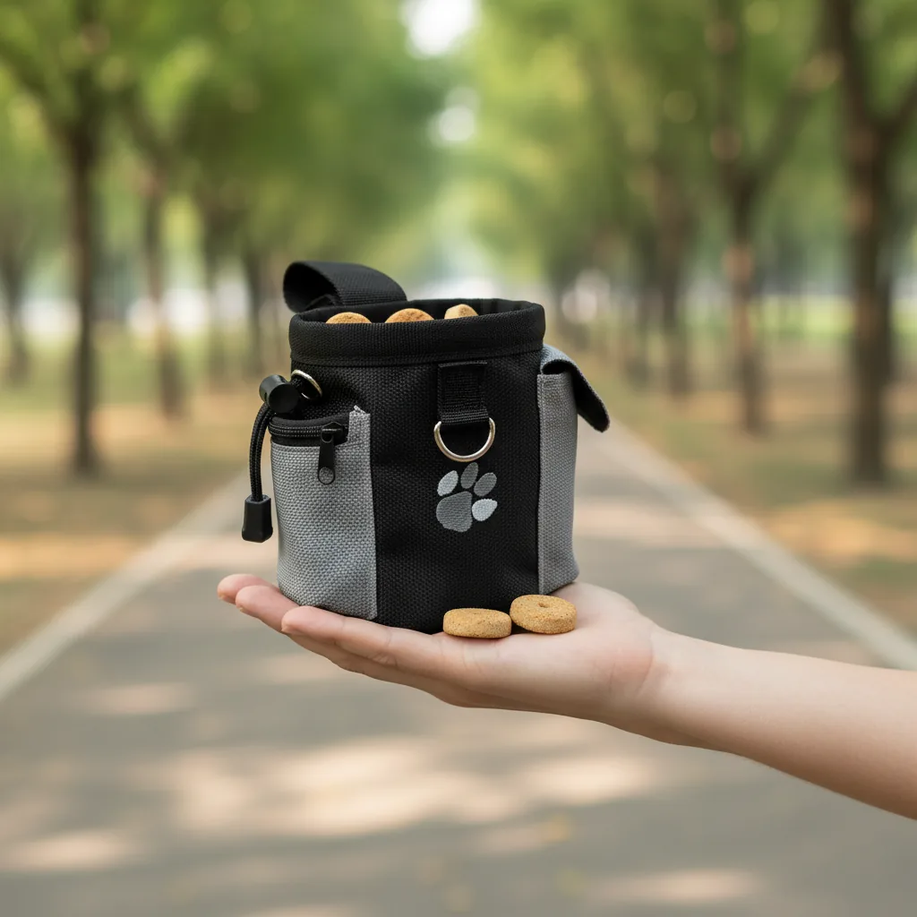 Pochette de dressage ouverte tenue en main, avec des friandises dans la paume, sur une allée de parc