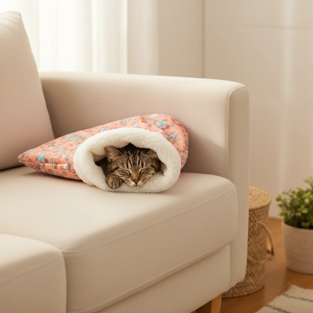 Chat tigré endormi dans un sac de couchage saumon à doublure bouclette blanche, posé sur un canapé crème