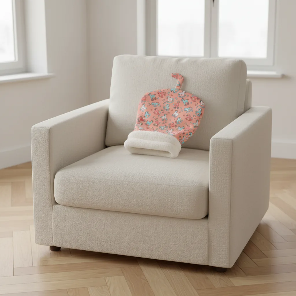 Sac de couchage pour chat posé sur le dossier d'un fauteuil crème dans un salon lumineux