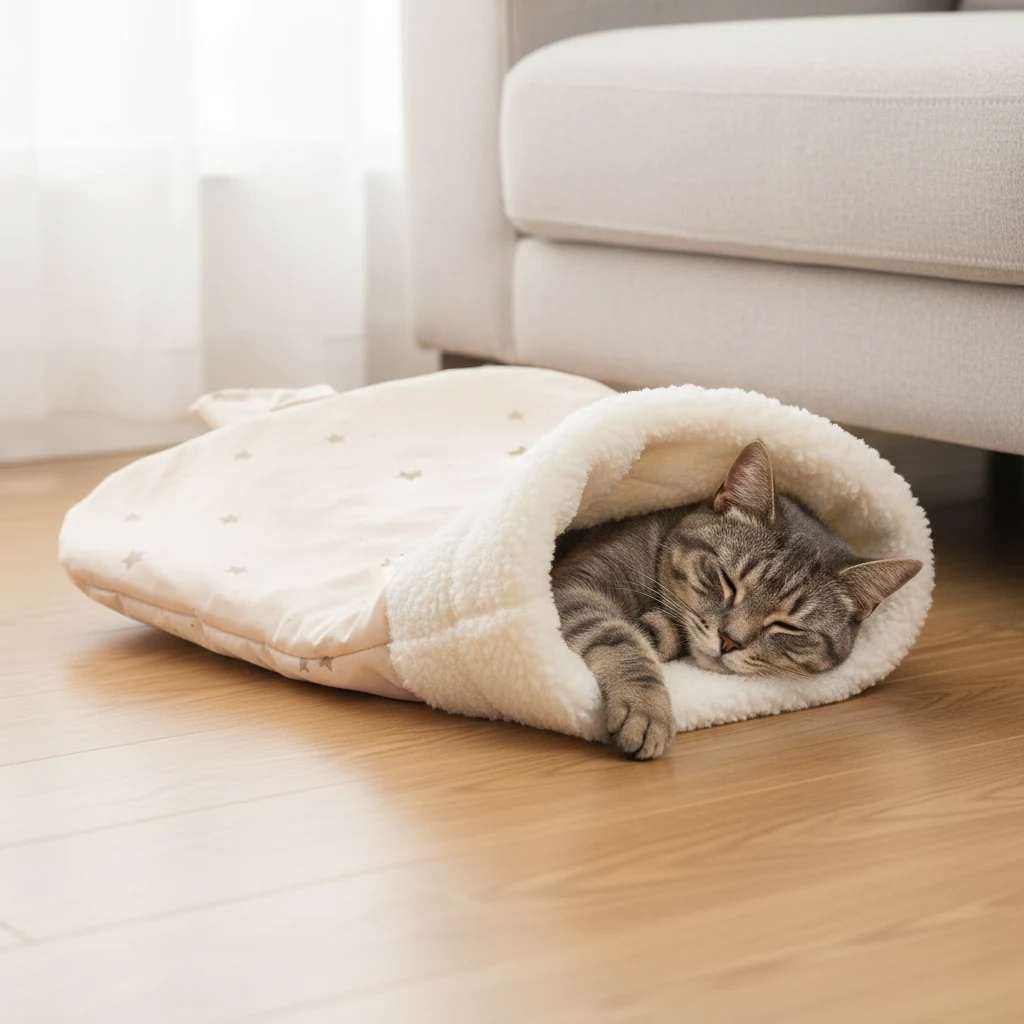 Chat tigré gris endormi dans un sac de couchage crème à petites étoiles, doublure sherpa blanche, posé sur un parquet