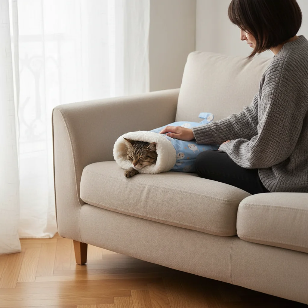 Femme sur un canapé beige caressant un chat tigré blotti dans un sac de couchage bleu clair à bord doux