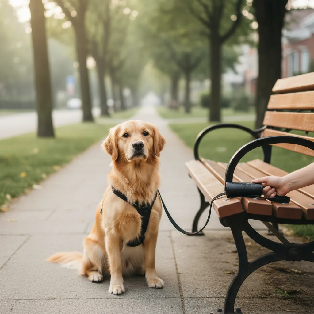 Golden retriever assis sur un trottoir arboré près d'un banc, une main tient un petit rouleau de sacs noir