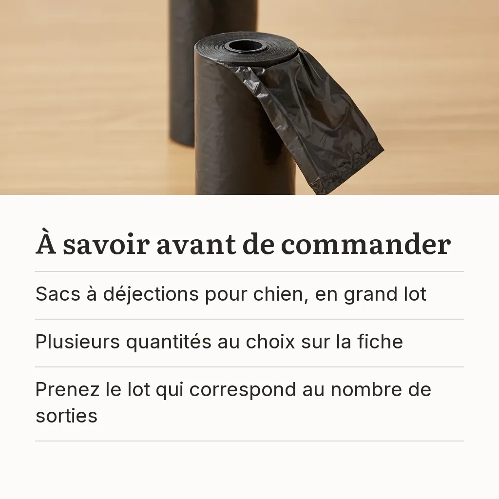 Rappel avant commande : sacs à déjections pour chien, plusieurs quantités au choix sur la fiche