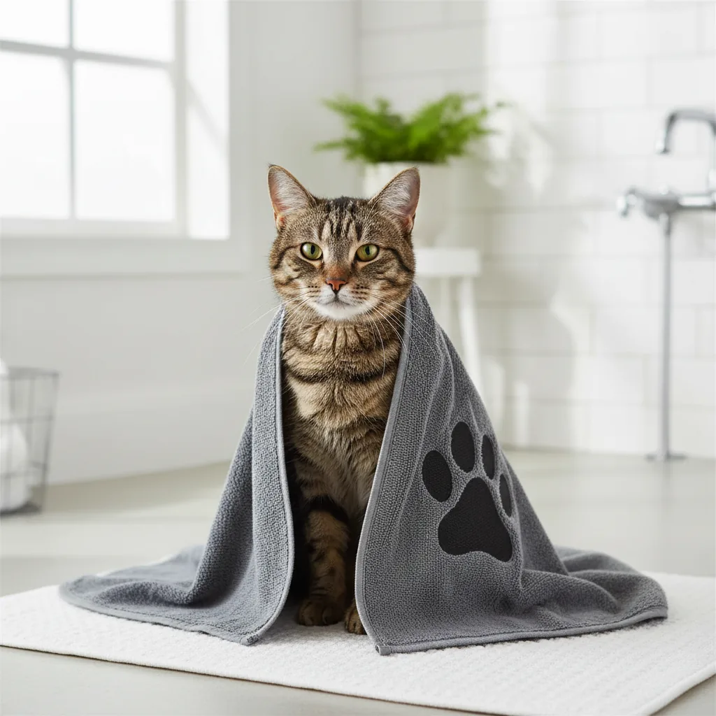 Chat tigré assis, une serviette grise à patte brodée posée sur le dos dans une salle de bain claire