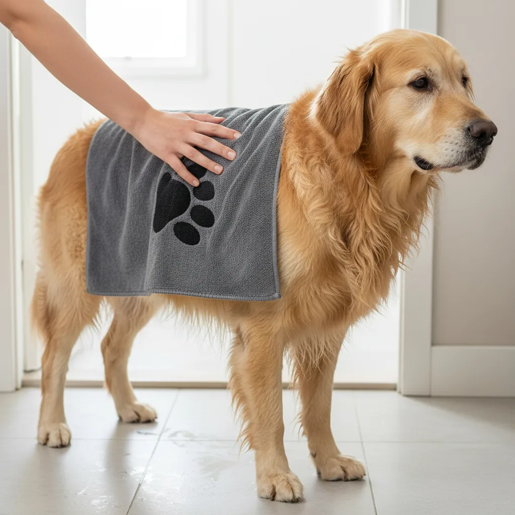 Golden retriever avec une serviette grise sur le dos pendant qu'une main la frotte doucement