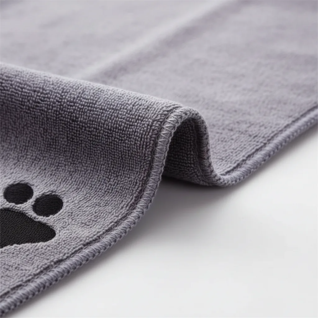 Gros plan sur le tissu en microfibre grise, la couture du bord et un détail de la patte brodée