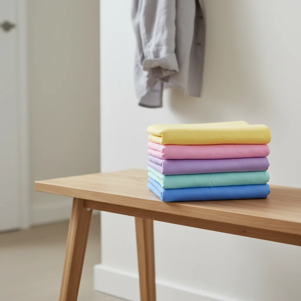 Serviettes de séchage colorées pliées sur un banc en bois dans une entrée