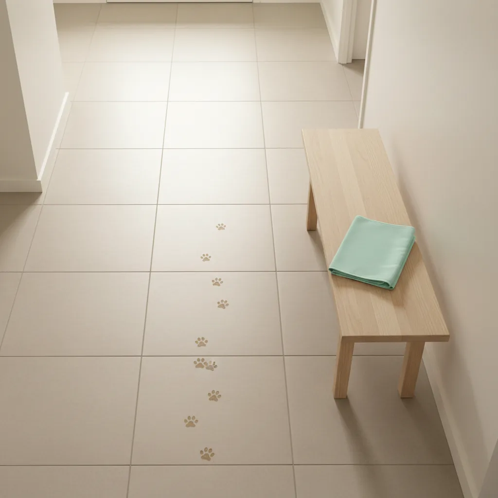 Traces de pattes sur un carrelage clair dans une entrée, avec une serviette menthe pliée sur un banc en bois