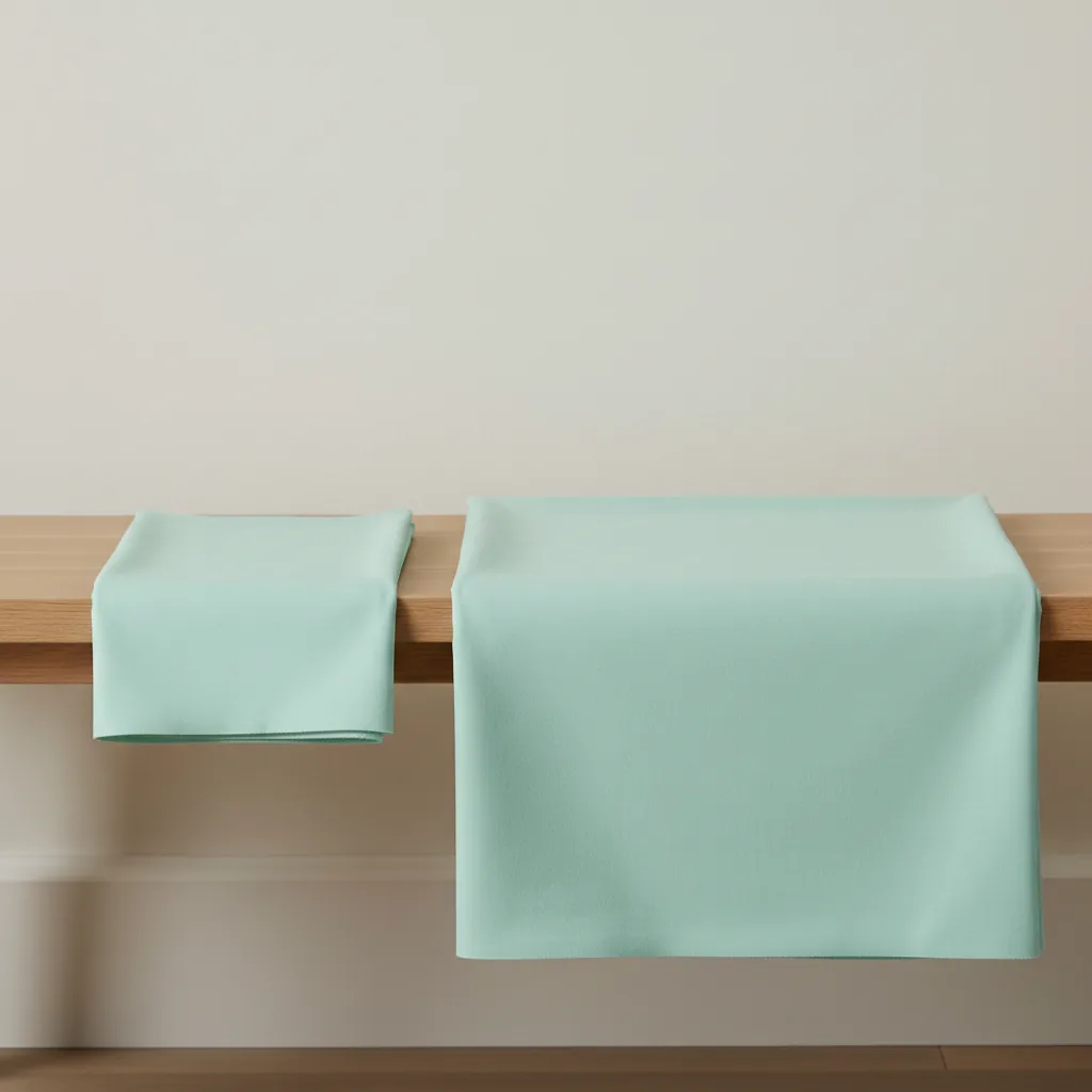 Deux serviettes vert menthe de tailles différentes posées sur un banc en bois