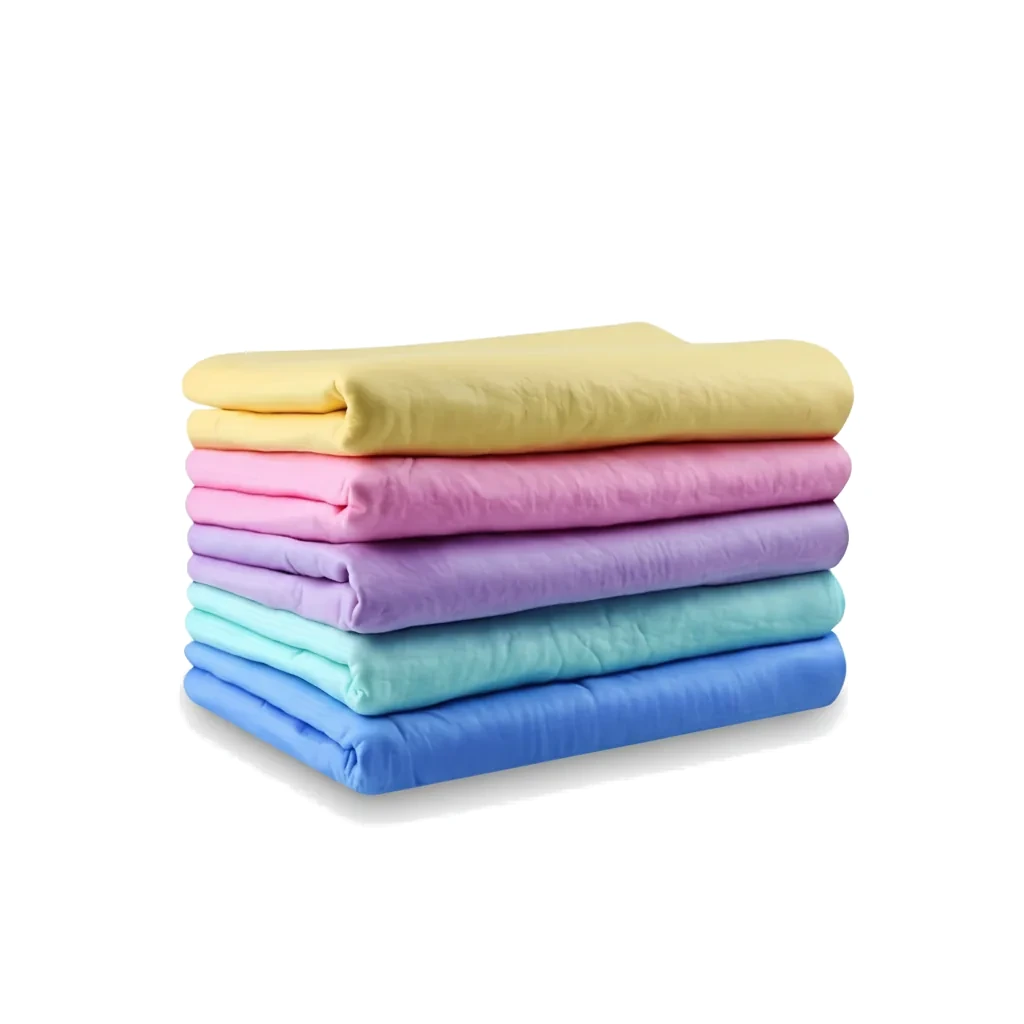 Pile de cinq serviettes de séchage pliées, jaune, rose, violet, turquoise et bleu