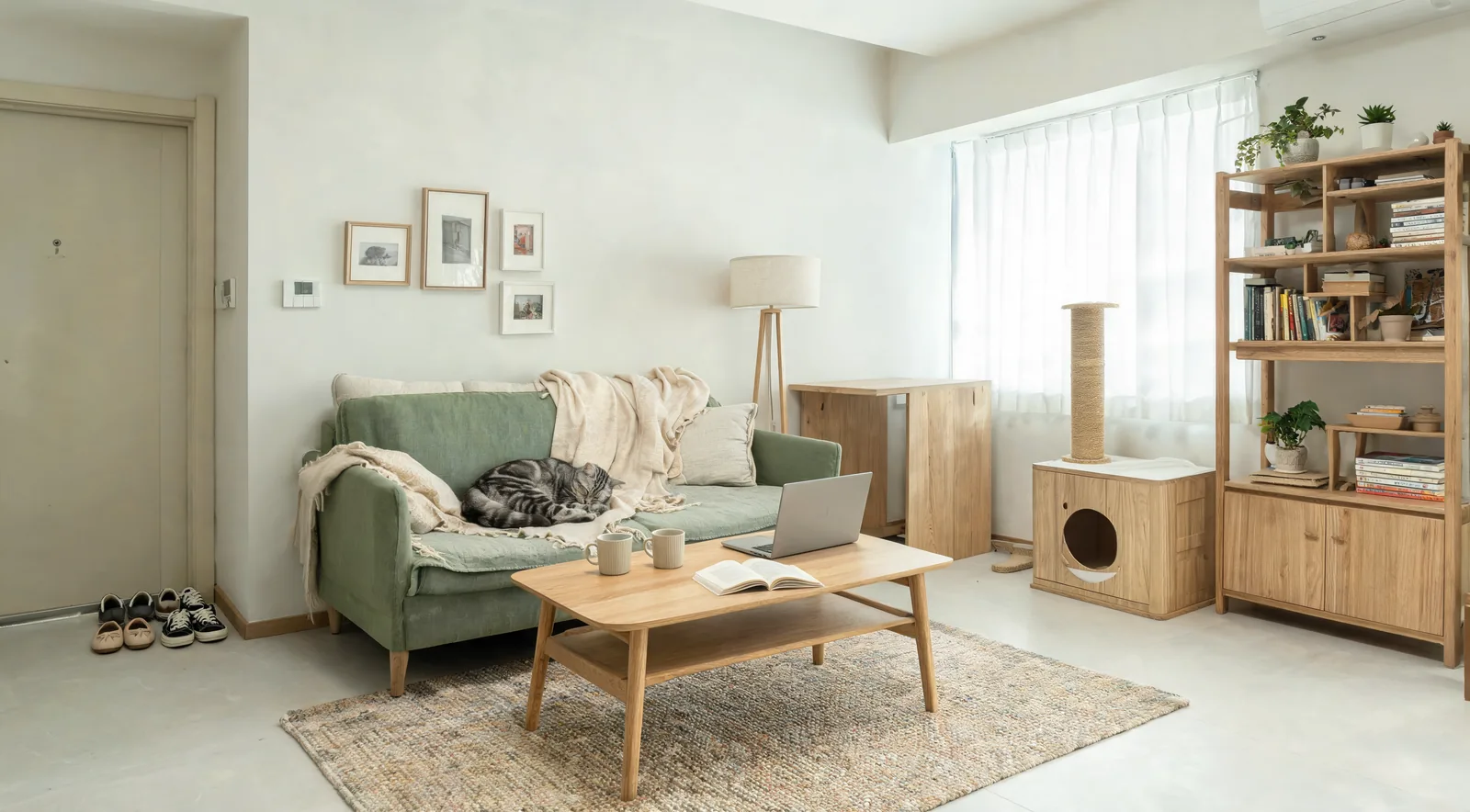Studio pour deux avec deux mugs, un ordinateur portable, un chat tigré endormi, un arbre à griffer en sisal et un meuble litière en chêne clair