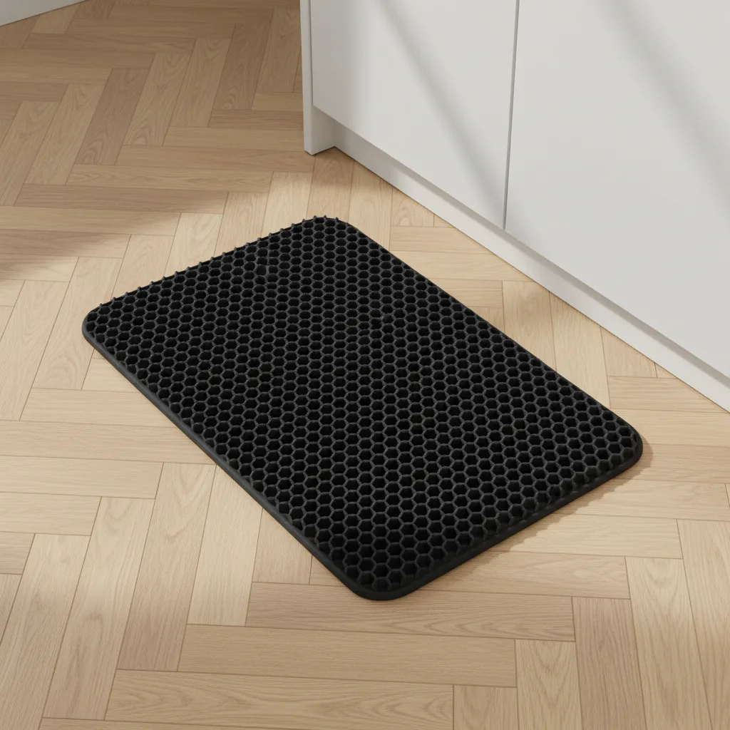 Tapis de bac à litière noir à alvéoles hexagonales, coins arrondis