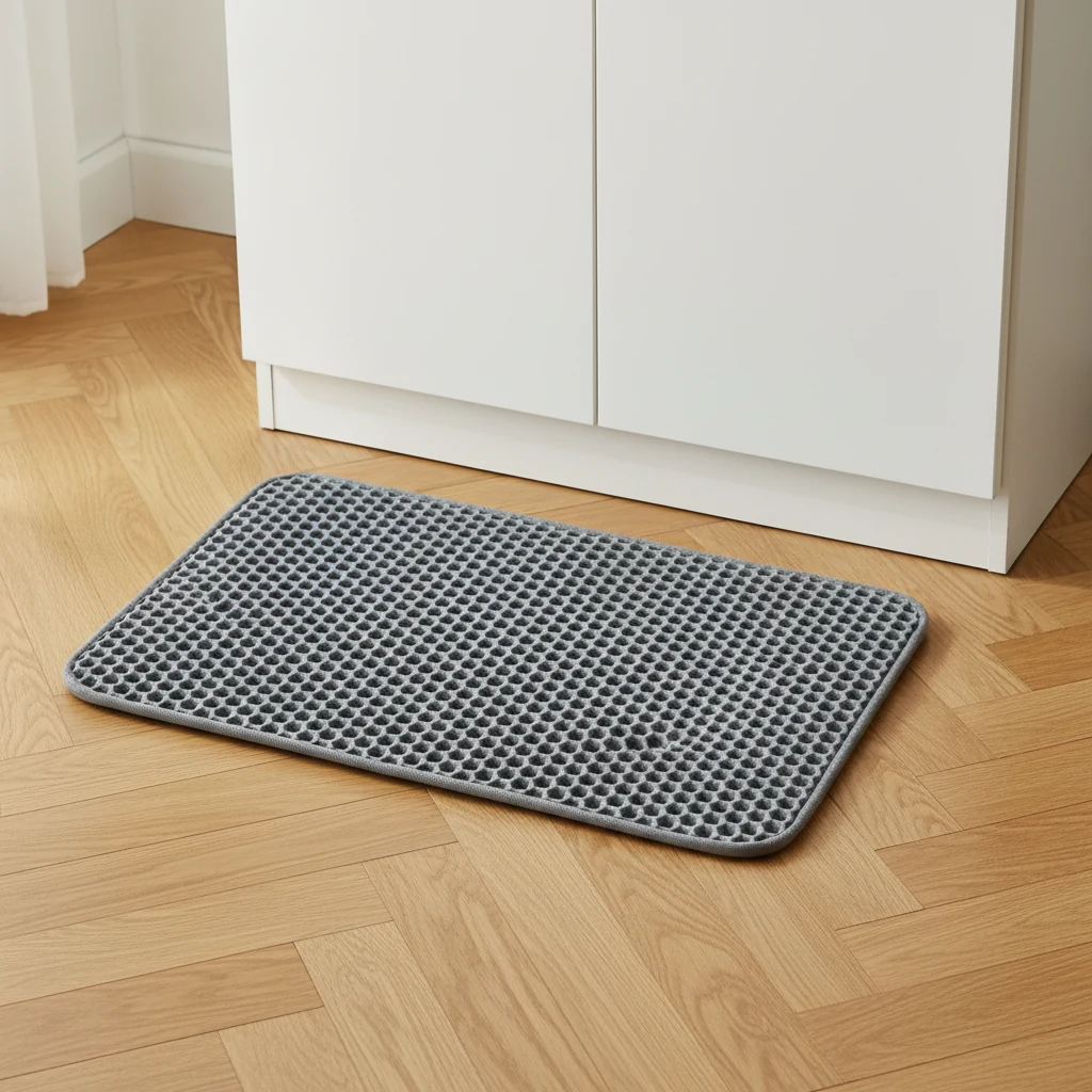 Tapis de bac à litière gris à alvéoles hexagonales, coins arrondis