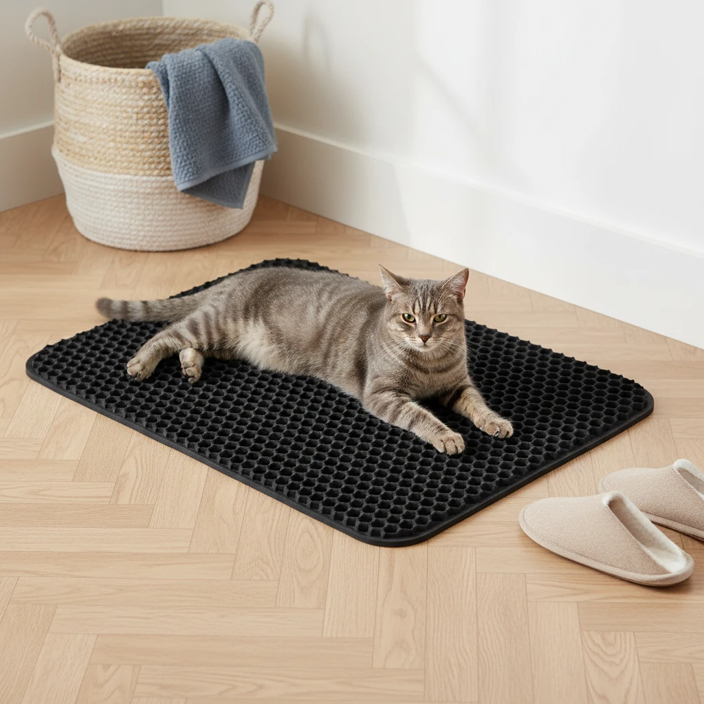 Chat tigré gris allongé sur un grand tapis de litière alvéolé noir, près de chaussons beiges, sur parquet clair