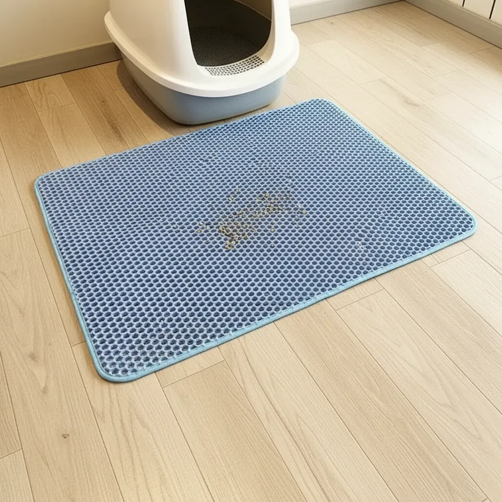 Tapis de litière à motif nid d'abeille devant un bac, avec quelques grains de litière dans les alvéoles