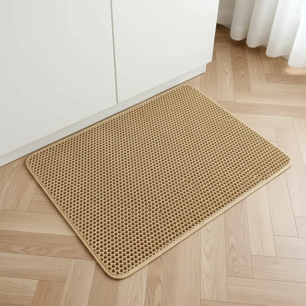 Tapis de litière à motif nid d'abeille, coloris kaki, posé sur un parquet devant un meuble blanc