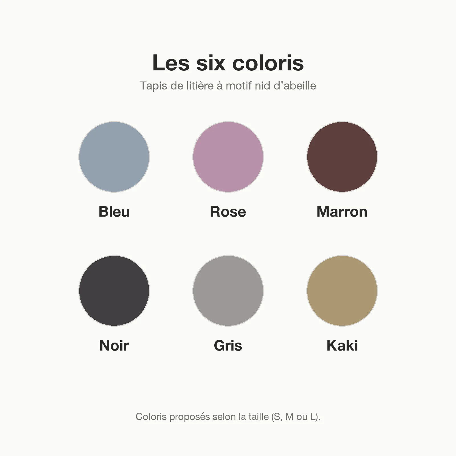Nuancier des six coloris du tapis de litière à motif nid d'abeille : bleu, rose, marron, noir, gris et kaki