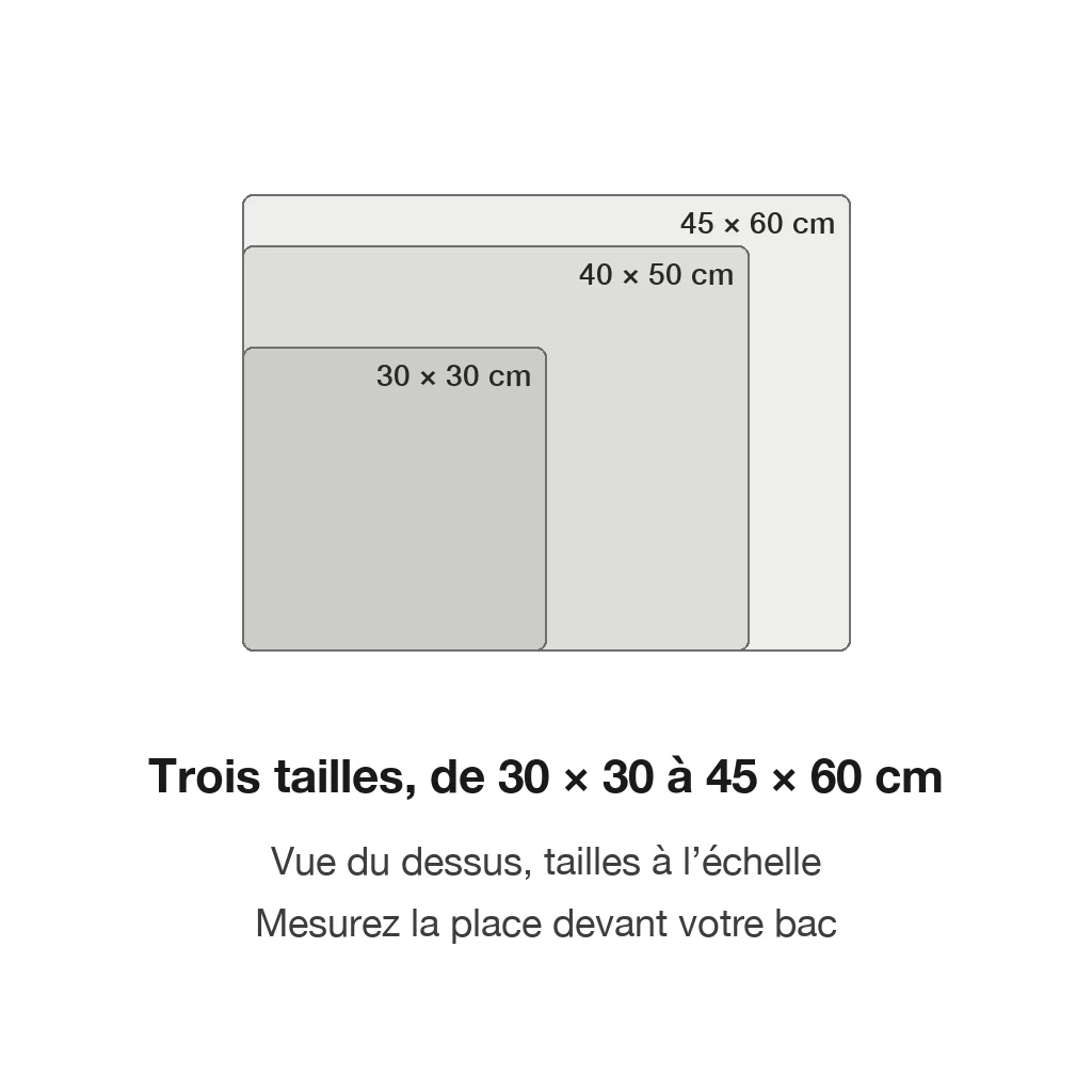 Schéma à l'échelle des trois tailles du tapis de litière à motif nid d'abeille : 30 × 30, 40 × 50 et 45 × 60 cm