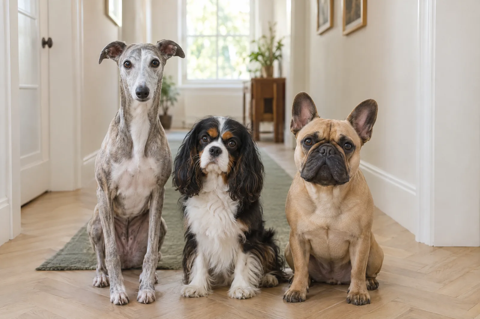 Whippet, cavalier king charles et bouledogue français assis côte à côte dans un couloir clair